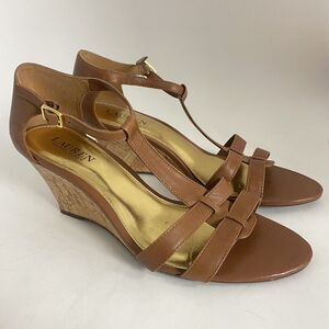 Lauren Ralph Lauren Wedge Sandals Women 10B T Strap Harleen Leather‎ Cork Heels